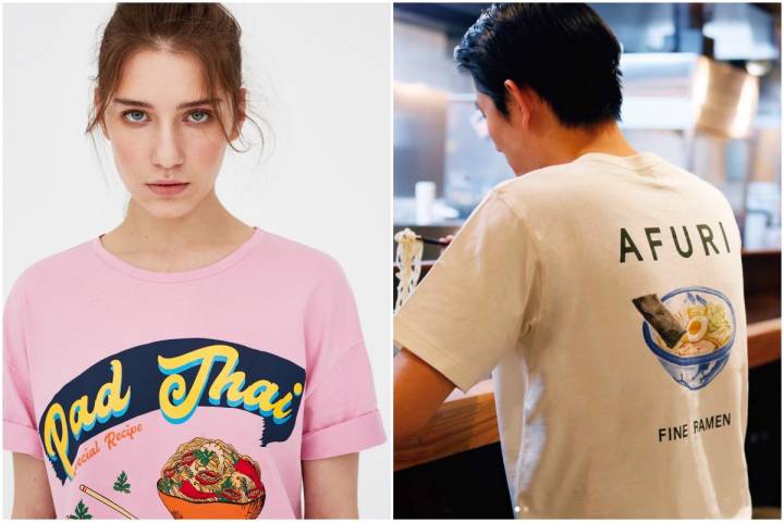 Un chico y una chica con camisetas inspiradas en dos platos.