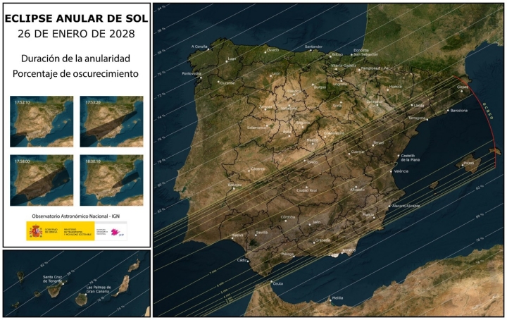 Mapa del eclipse total del 26 de enero de 2028. Foto: IGN
