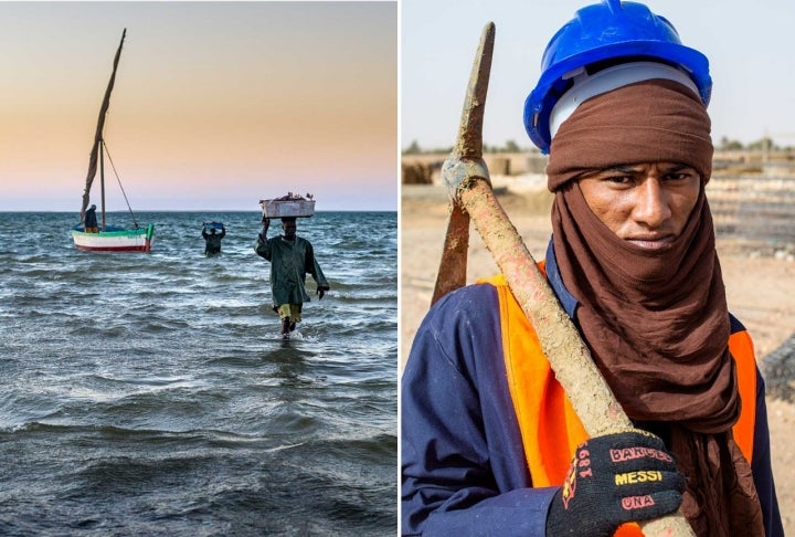 Pescadores en Parque Nacional de Arguin y refugiado maliense, Mohamed Ali, del campo de Mbera.