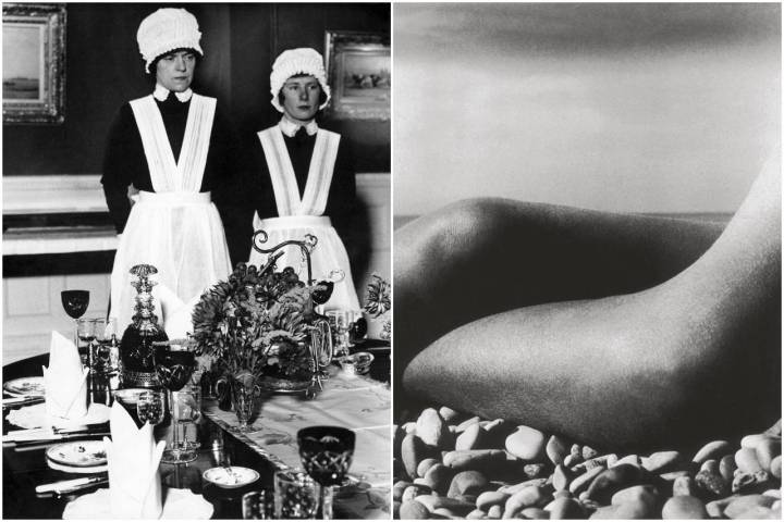 Sirvienta y sirvienta segunda preparadas para servir la cena. A la derecha: Desnudo, Baie de Anges. Foto: Bill Brandt.
