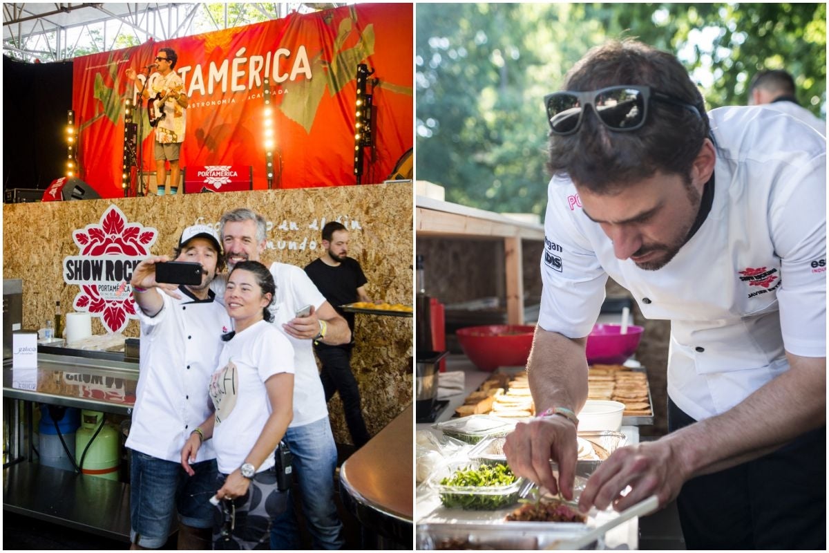 Los chefs Pepe Solla y Diego Guerrero, junto a Olalla Camaño, de la organización, y Javi Estévez de 'La Taquería' emplatando (en la edición de 2017). Fotos: PortAmérica.