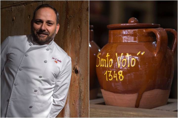 El cocinero José Ángel Mayas, y vasijas de cerámica de la festividad del Santo Voto.
