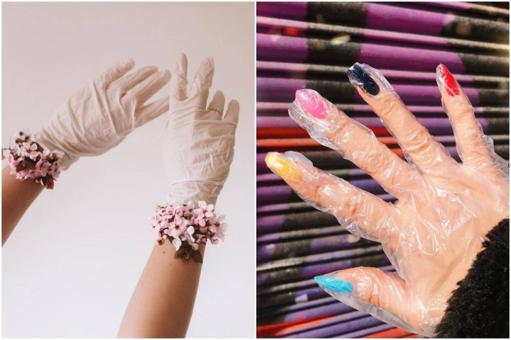 A la izq. la fotografía de Muna Nazak de guantes para novias. A la derecha, los guantes transparentes de Belén Flores Núñez. Fotos: Muna Nazak y Belén Flores