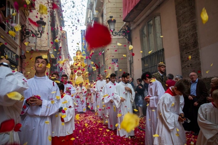 El paso de la Custodia y los Donzells alfombra el suelo con pétalos de diferentes colores.