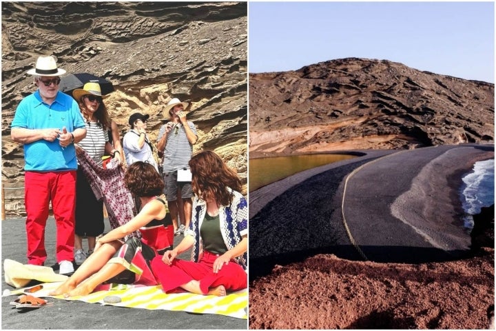 Almodóvar y sus actrices en un instante del rodaje en la playa del Golfo. 