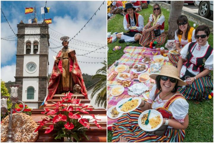 Vista de San Marcos en Tegueste, Tenerife, durante la romería en su honor, y vista de unas romeras haciendo un pícnic.