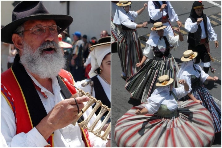 Un romero toca una chácara, un instrumento a base de huesos durante la romería de La Orotava, en Tenerife y detalle del vuelo de los vestidos de maga durante el baile.