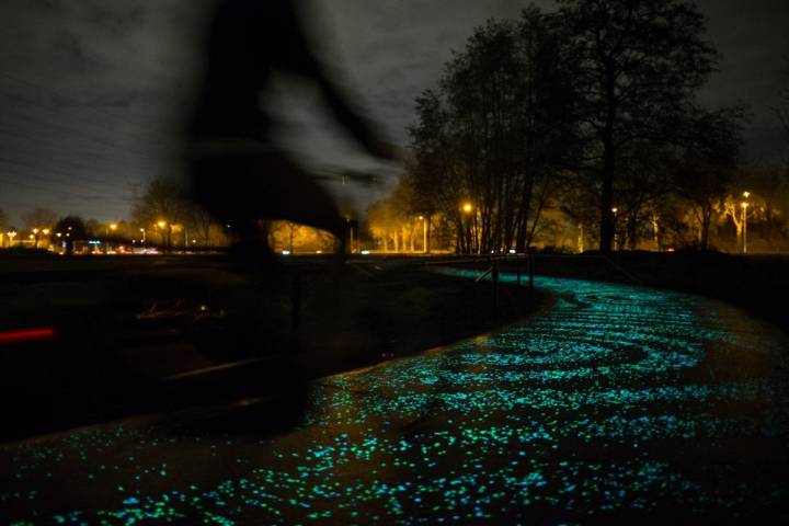 Carril bici iluminado con pigmentos que absorben la luz e imitan a las obras de Van Gogh. Foto: Daan Roosegaarde.