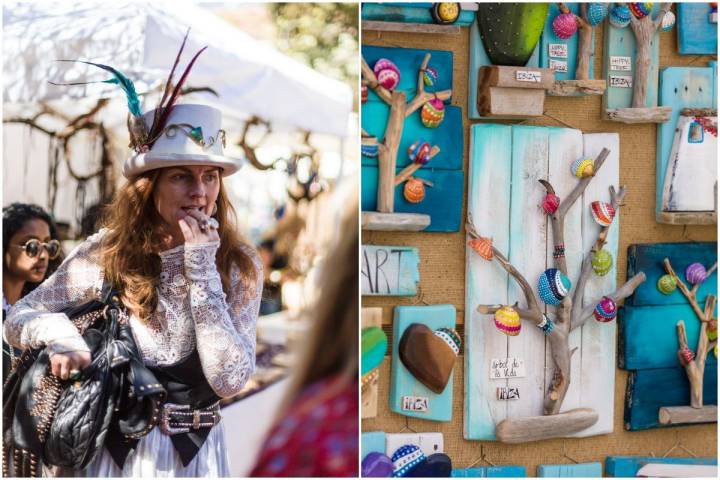 Una chica ataviada de forma pintoresca pasea por el mercadillo de Las Dalias, en Ibiza, y artesanías hechas con materiales reciclados de la playa.