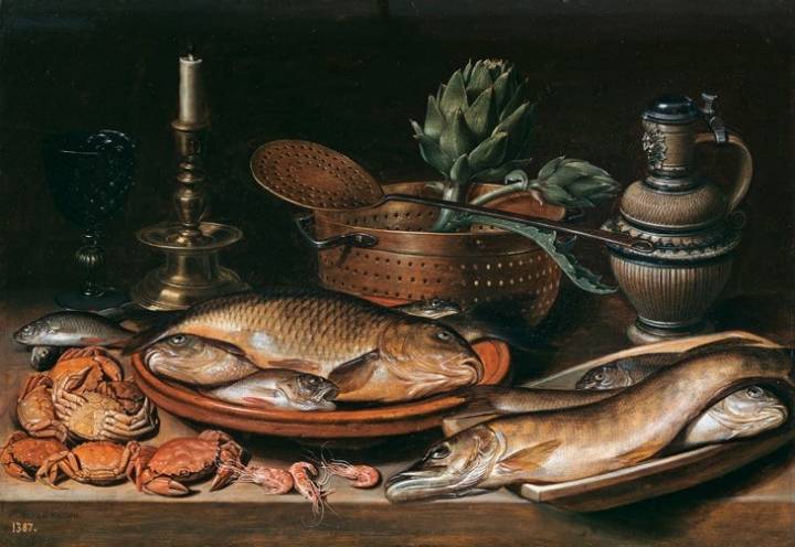 Bodegón con pescado, vela, alcachofas, cangrejos y gambas