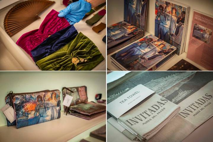 Fotomontaje de varios productos que se venden en la tienda de la pinacoteca sobre 'Invitadas'.
