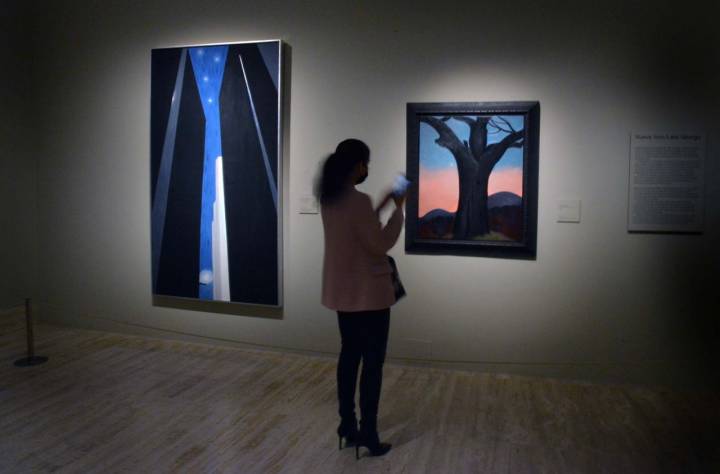 Una mujer observa las obras de Georgia O’Keeffe.