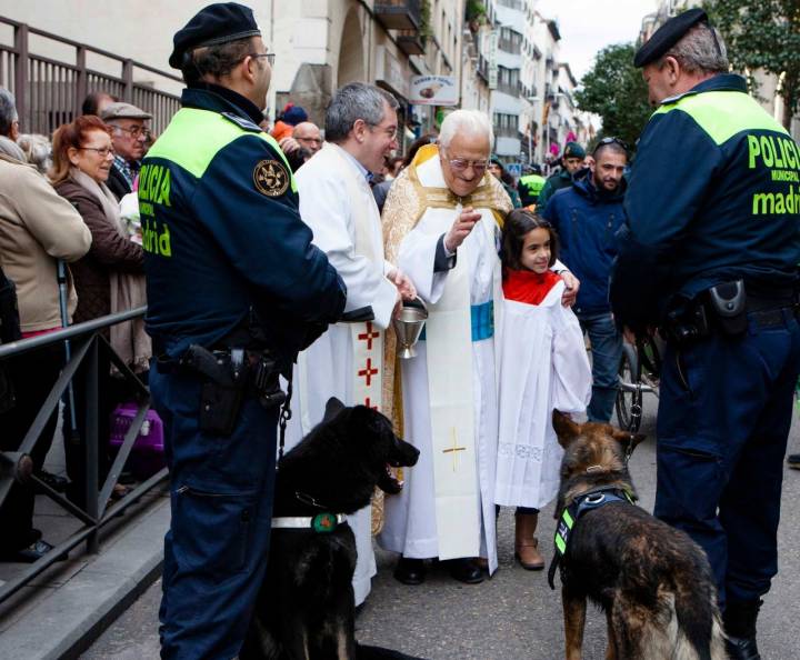 Los ayudantes caninos de la Policía Municipal reciben su correspondiente bendición. Foto: Ayuntamiento de Madrid.