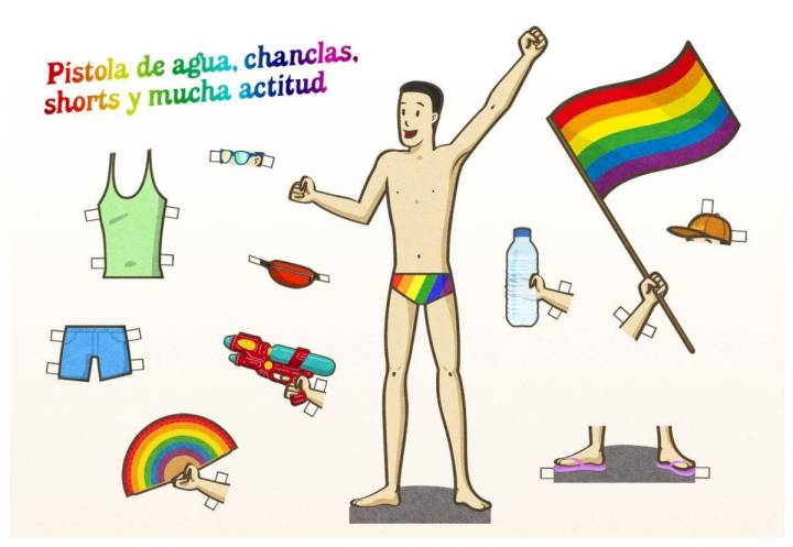 El kit básico de supervivencia para el Orgullo Gay. Ilustración: Juan Medina.