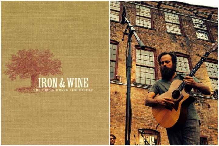 Portada del disco de Iron & Wine y foto durante un concierto en el exterior de un museo en Nueva York.