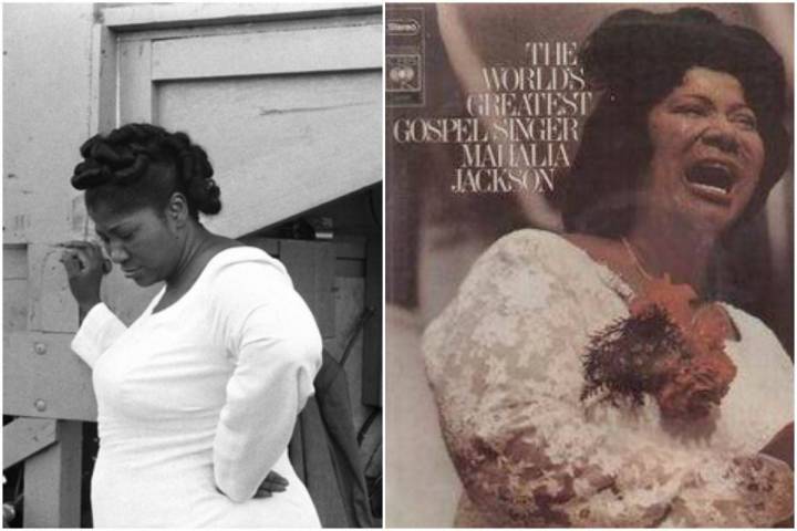 Retrato de Mahalia Jackson y la portada de uno de sus discos.