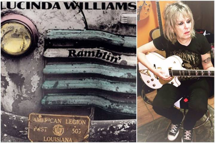 Portada del disco y la artista Lucinda Williams tocando la guitarra en un estudio de grabación.