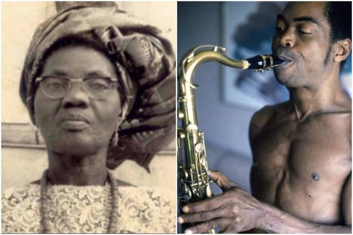Un retrato de la madre de Fela Kuti, Funmilayo Ransome activista nigeriana, junto a otro del artista.