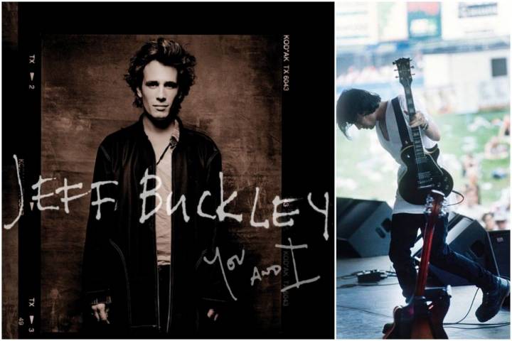 Portada del disco de Jeff Buckley y un retrato de él en concierto.