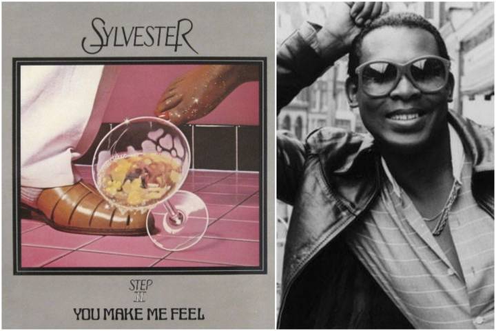 Portada del disco de Sylvester y una foto del artista en blanco y negro.