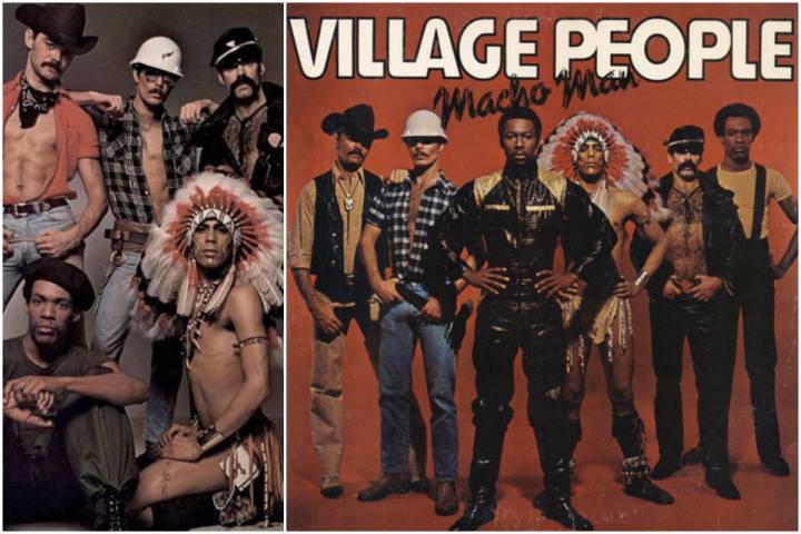 Portada del disco del grupo Village People y una imagen de ellos en los años 70.