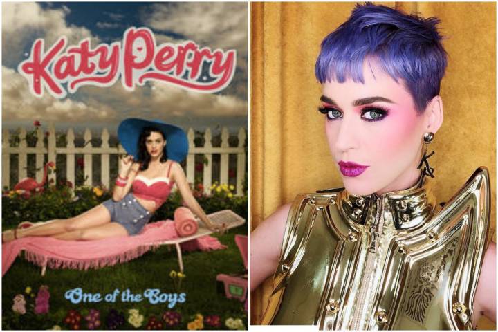 Portada del disco de Katy Perry, One of the boys, y una foto de 'look' de la cantante hoy en día. Fotos: Facebook.