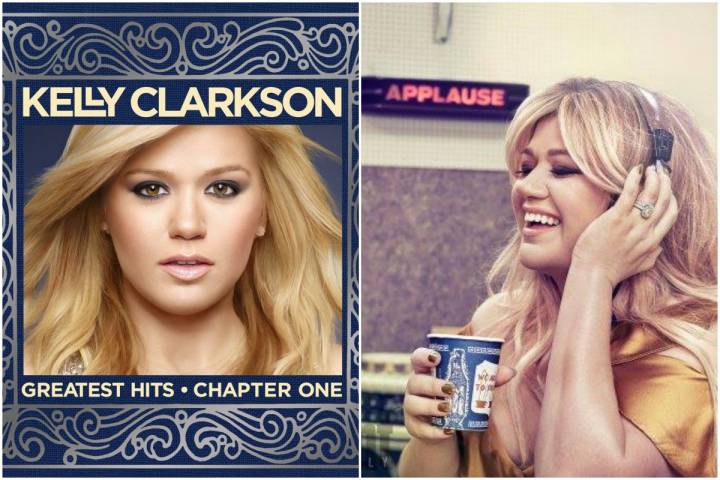 Portada del disco de grandes éxitos de Kelly Clarkson, y un momento de la artista durante una grabación.
