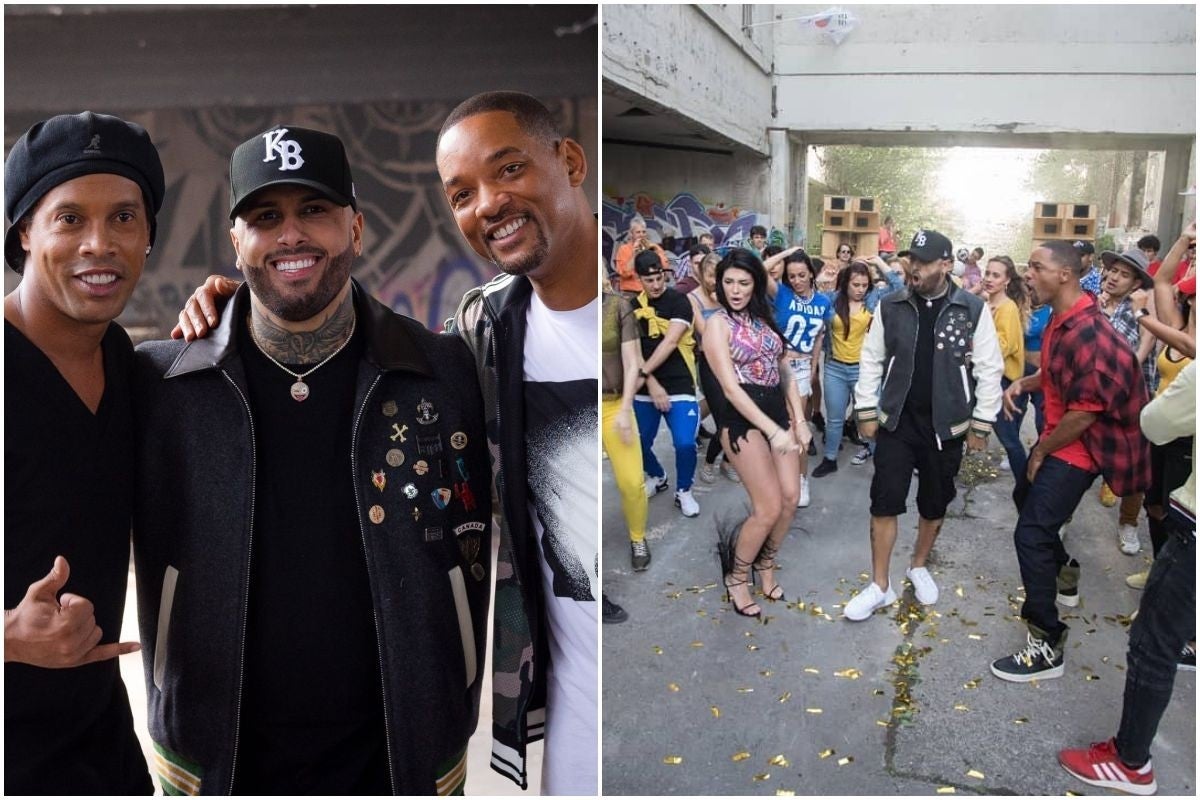 Ronaldinho, Nicky Jam y Will Smith y un momento de la grabación del videoclip de 'Live it up', la canción oficial del Mundial de Rusia. Fotos: Facebook.