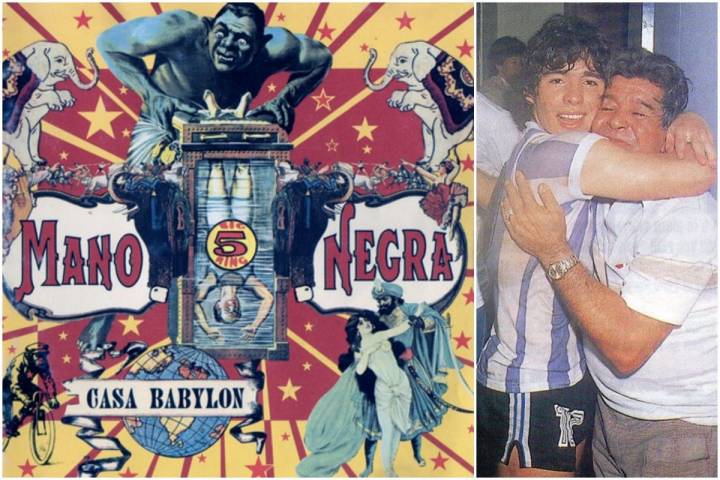 Portada del disco Casa Babylon de Mano Negra y Maradona abrazando a su padre, de joven. Fotos: Facebook.