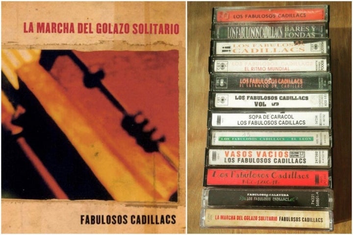 Portada de los Fabulosos Cadillacs y una torre de cintas de cassette del grupo.