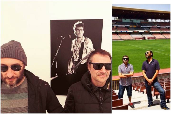 Los planetas antes de una entrevista y en el nuevo estadio de Los Cármenes, en Granada. Fotos: Facebook.