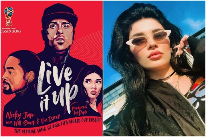 El cartel de la canción oficial del Mundial de Rusia, con el puertorriqueño Nicky Jam, Will Smith y la artista albana Era Istrefi, y un retrato de Istrefi.