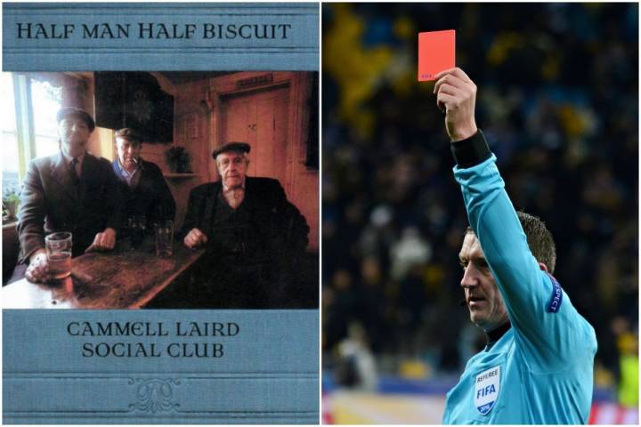 Portada del disco de Half Man Biscuit y una imagen de un árbitro sacando la tarjeta roja. Fotos: Facebook.