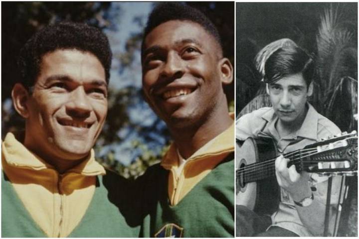 Una foto de los jugadores brasileños Garrincha y Pelé, y del cantante Zitarrosa con su guitarra. Fotos: Facebook.