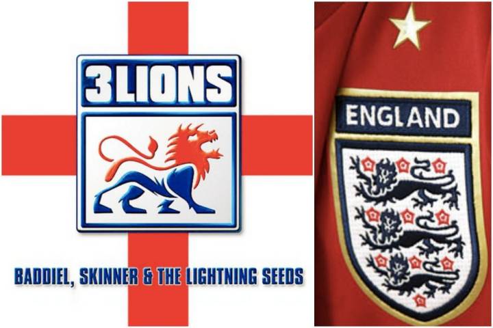 Portada del tema 3 Lions de The Lightning Seeds & Baddiel & Skinner, y un detalle de la camiseta de la selección inglesa con los tres leones. Fotos: Facebook.