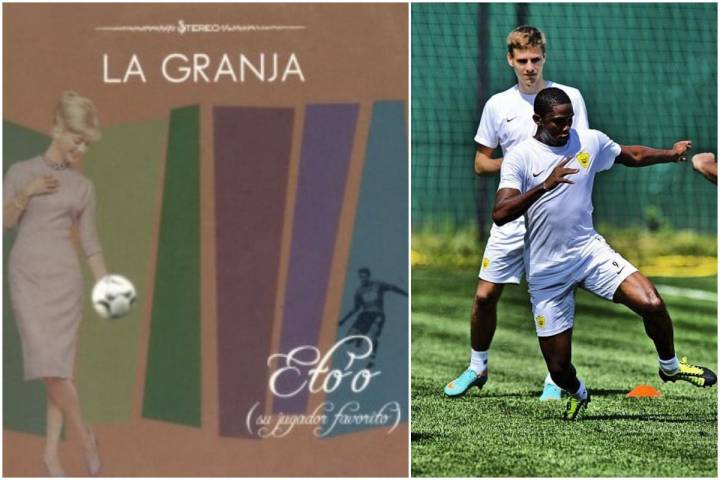 Portada del disco Eto'o mi jugador favorito de La Granja y una foto del jugador camerunés. Fotos: Facebook.
