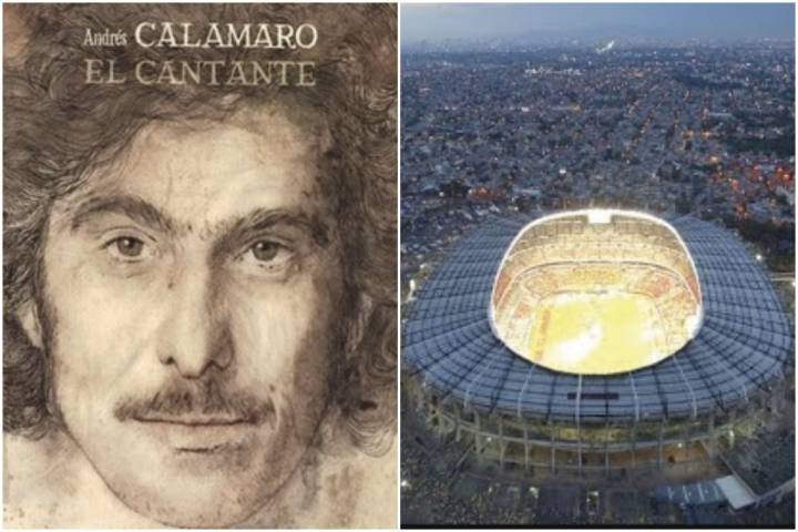 Portada del disco El cantante de Andrés Calamaro y una foto aérea del Estadio Azteca, de Ciudad de México. Fotos: Facebook.