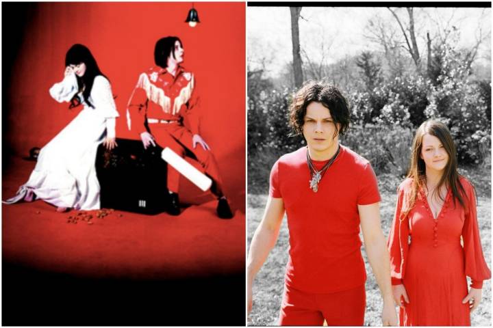 Portada del disco de The White Stripes y una foto de sus componentes vestidos de rojo.