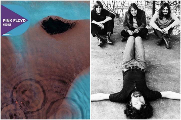 Portada del disco Meddle de Pink Floyd y una foto en blanco y negro del grupo. Fotos: Facebook.