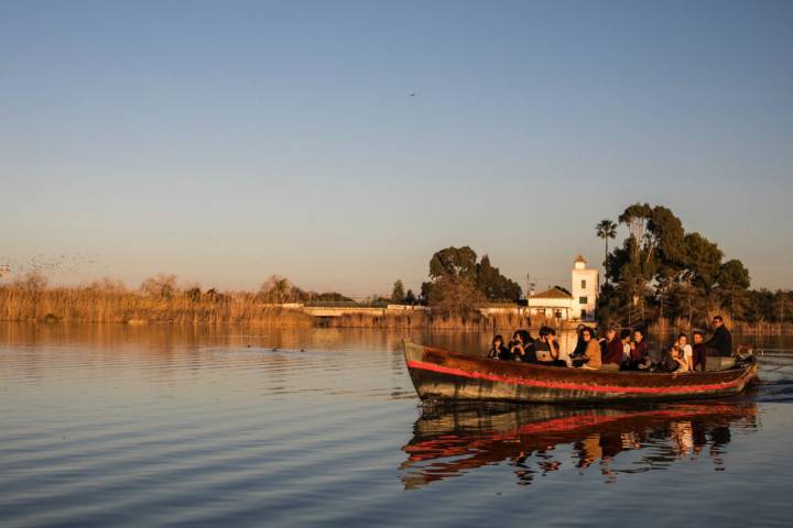 Un grupo de turistas pasea en barca por el paisaje de la laguna de l'Albufera.