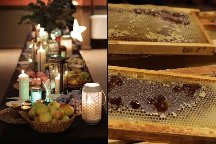 La mesa, preparada para la cata bajo las estrellas y panales de miel de La Travina.