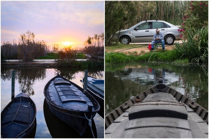 Las barcas a la orilla de La Albufera, en Catarroja, y un pescador.