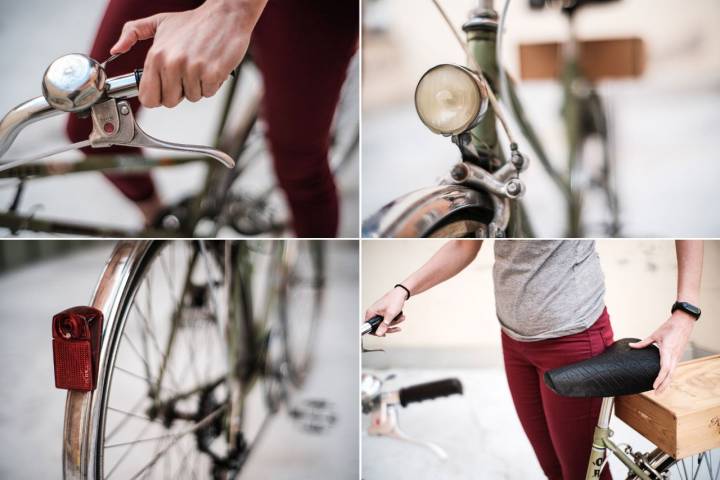 Fotomontaje de cuatro imágenes con luces, timbre y sillín de la bicicleta.