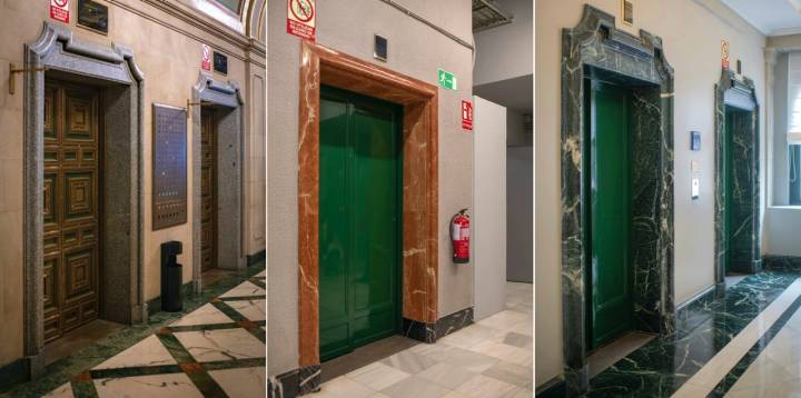 Detalle del mármol en distintos rincones del Edificio Telefónica de Madrid