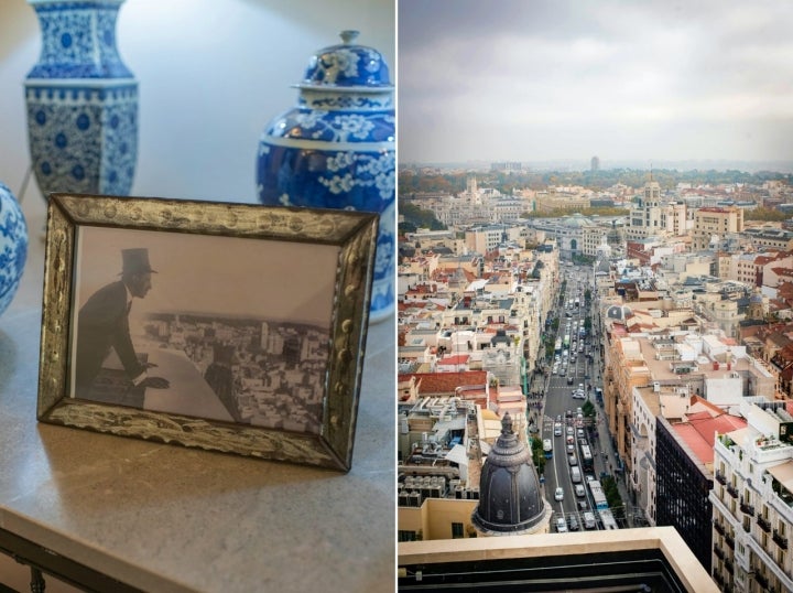 Retrato del rey Alfonso XIII asomado desde la Telefónica y vistas de la Gran Vía