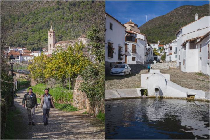 Paseando por un callejón de la localidad onubense de Linares de la Sierra, y la Fuente Nueva, un lavadero circular.