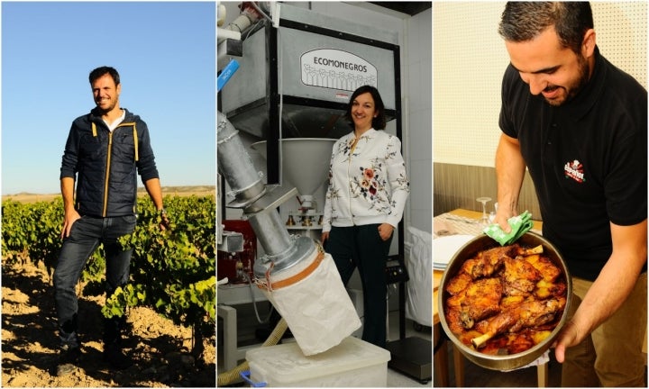 El bodeguero Fernando Mir, Ana Marcén de 'Ecomonegros', y el ternasco de 'El Bar Español'.