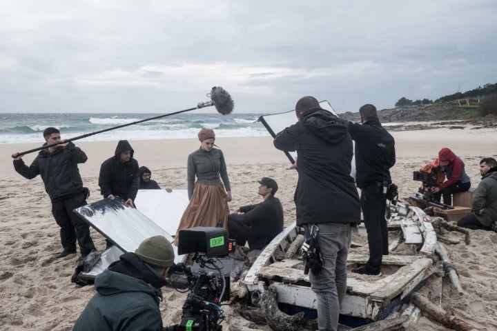 Momento del rodaje en la playa de Ancoradoiro.