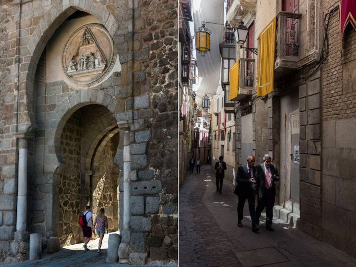 La Puerta del Sol de Toledo, una de las entradas al barrio y la calle Alfileritos. Foto: Manuel Ruiz Toribio