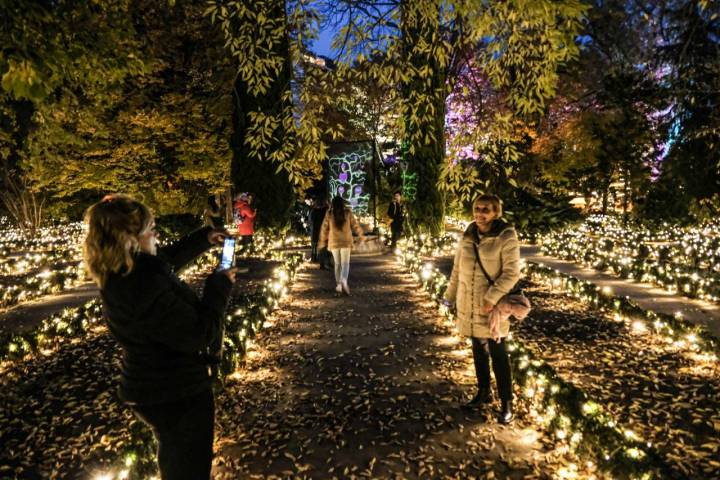 Dos mujeres se hacen una foto con las luces de Navidad del Jardín Botánico.